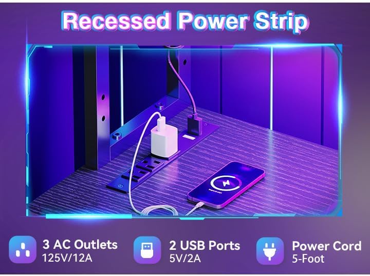 AODK L Shaped Desk Gaming Desk with LED Light & Power Outlet | 53 Inch Black Reversible L Shaped Computer Table with Shelf & Storage Bag & Hook for Home Office