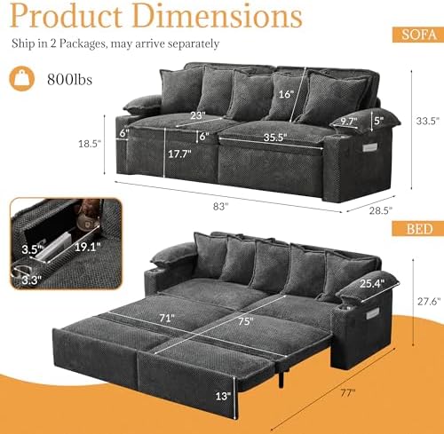 SUNWAVE 83" Sleeper Sofa, 3-in-1 Pull Out Sofa Bed Corduroy Couch Bed | Convertible Sleeper Couch with USB Ports, Cup Holders & Side Pockets for Living Room, Small Spaces