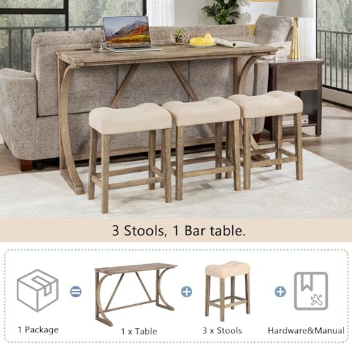 4-Piece Bar Table Set with Power Outlet, Dining Table and Chairs Set with 3 Padded Stools for Living Room/Dining Room/Game Room, Brown