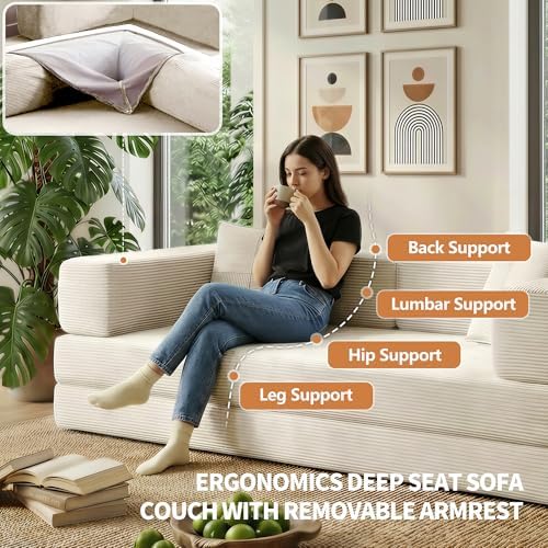 78.8" Couch for Living Room, Futon Sleeper Sofa Bed | Convertible Sofa Bed, Corduroy Pull Out Couch Loveseat with Storage Pocket, Modular Design, No Assembly, White