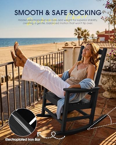 KINGYES Oversized Outdoor Rocking Chairs Set of 2, HDPE Porch Rocker, Black | - Rocking Chairs for Outdoor with Wide Seat - 350LBS Support for Adults