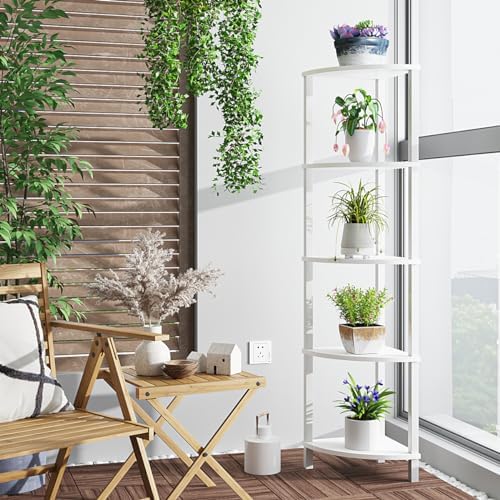 VIMBER Corner Shelf, 5-Tier Corner Bookshelf, Industrial Corner Ladder Shelf, Modern Display Shelf for Living Room, Bedroom, Kitchen, Home Office, White UJSJ001W