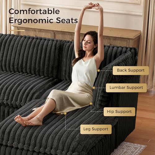 KKL Sectional Modular Couch for Living Room, L Shaped Corduroy Couches with 1 Ottomans, 4 Seater Oversized Sofa, Soft Fabric Modern Sofa, Black