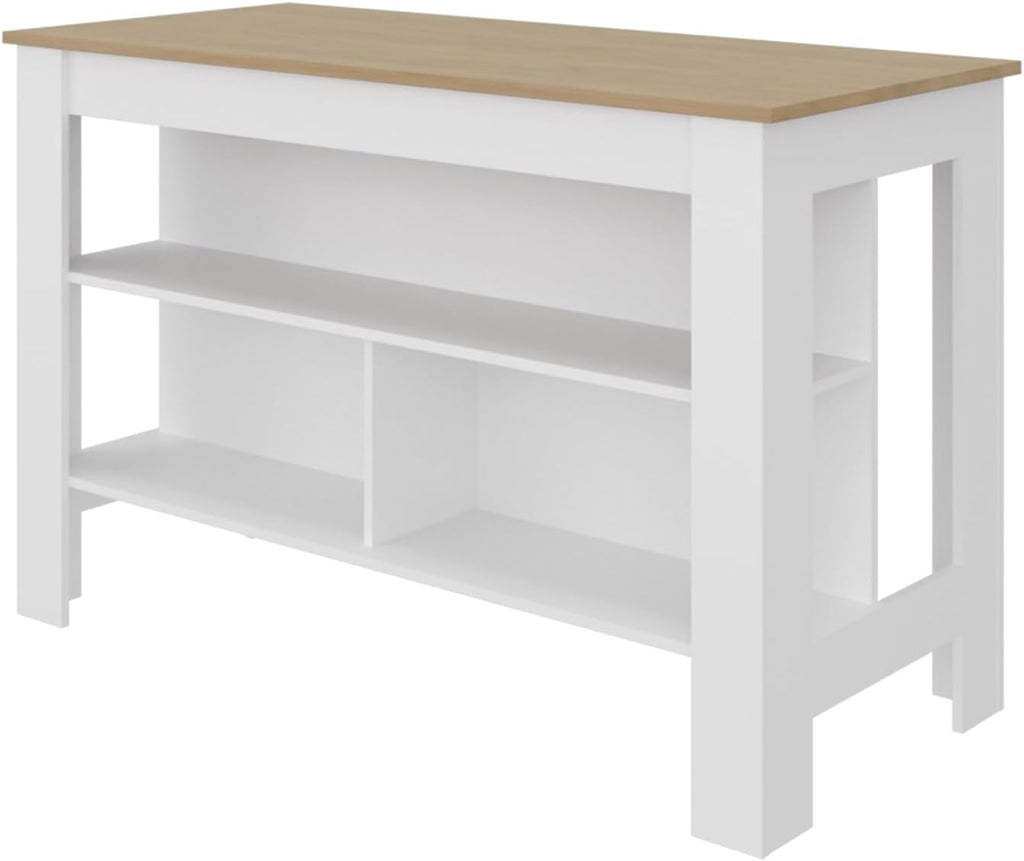 Kitchen Island with Open Storage Shelves for Home Organization | White and natural oak finish with open shelving for access