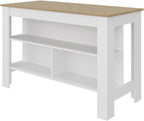 Kitchen Island with Open Storage Shelves for Home Organization | White and natural oak finish with open shelving for access