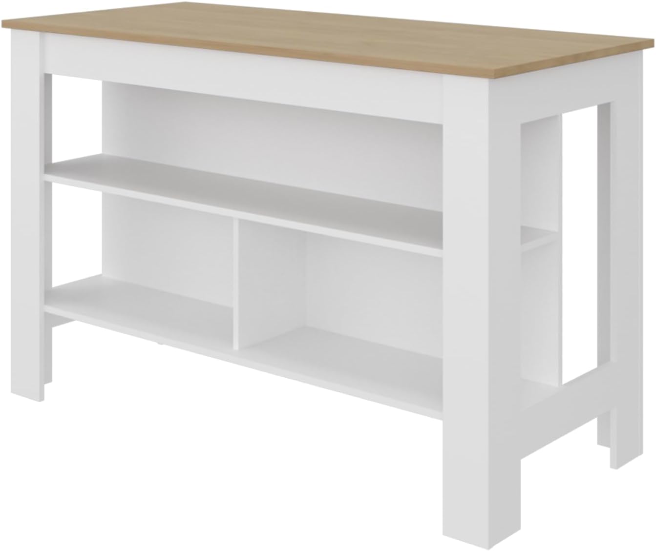 Kitchen Island with Open Storage Shelves for Home Organization | White and natural oak finish with open shelving for access