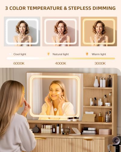 LIVELYGLOW 35.4" Wooden Makeup Vanity Set with Charging Station & Stool | Smart LED Mirror, Fluted Design, Cushioned Stool, Hairdryer Rack