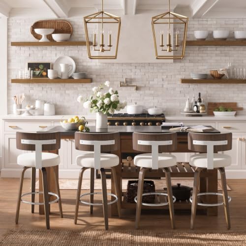 Bekrvio Swivel Counter Height Bar Stools Set of 3, Faux Leather Kitchen Stools Upholstered Barstools with Back, Walnut Wood Legs, Mid Century Island Chairs Counter Stools, 26" Seat Height, White