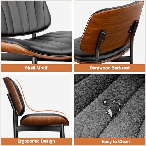 YaFiti Dining Chairs Set of 2, Mid Century Modern PU Leather Kitchen Chairs | Ergonomic Walnut Backrest, Upholstered Waterproof Faux Leather Seat, Stable Metal Legs, Adjustable Footpads, Black Scallop