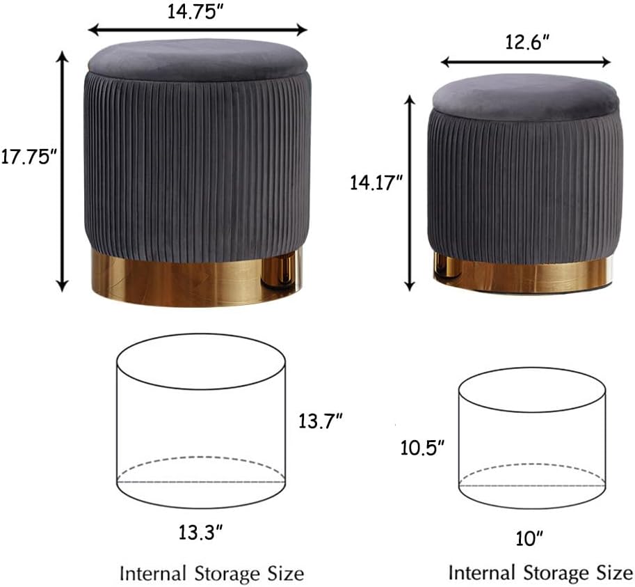 YYW HOME Round Ottoman with Storage Set of 2 Vanity Stool Foot Rest with Removable Lid for Bedroom Gray Velvet Storage Ottoman Coffee Table for Living Room and Dorm (Gray)