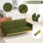 Velvet Sofa Set w/Adjustable Armrests & Backrests, Olive Green | Tufted Accent Chair w/Ottoman & Convertible Futon Sofa Bed, 2 Pieces Comfortable Couch Set for Living Room, Apartment