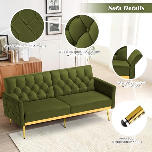Velvet Sofa Set w/Adjustable Armrests & Backrests, Olive Green | Tufted Accent Chair w/Ottoman & Convertible Futon Sofa Bed, 2 Pieces Comfortable Couch Set for Living Room, Apartment