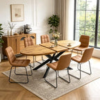 63"-78.7" Extendable Oval Dining Table Set for 6 | 7 Piece Large Round Walnut Table Set, 6 Brown Dining Chairs, Living Room, Kitchen, Space Saving, Mid Century Modern