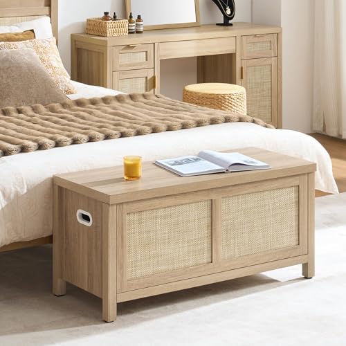 SICOTAS Rattan Storage Chest 39.4" Storage Bench for Bedroom | Modern Boho Storage Truck with 2 Safety Hinges and Flip Top for Living Room Entryway, Supports 220 lb, Light Oak