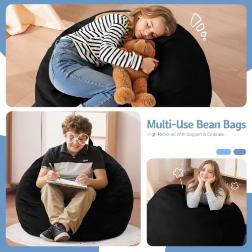 Homguava 2FT Bean Bag Chair,2' Bean Bags with Handle,Small Beanbag Chair | Comfy Beanbag with Memory Foam Filled,Teardrop Bean Bag Sofa with Washable Velvet Cover for Bedroom,Living Room-Jet Black