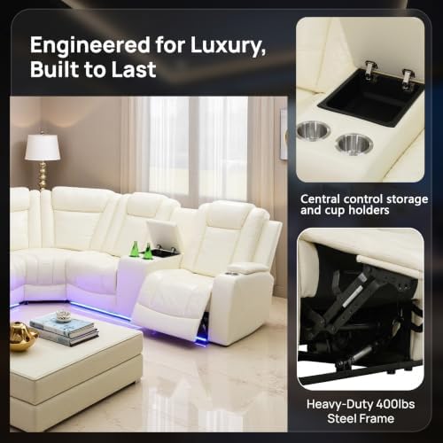 A Ainehome Leather Power Furniture Reclining Sectional Couch, Living Room Power Recliner Adjustable Sofa, Loveseat and Chair with Storage Console for Living Room/Office(Off-White)