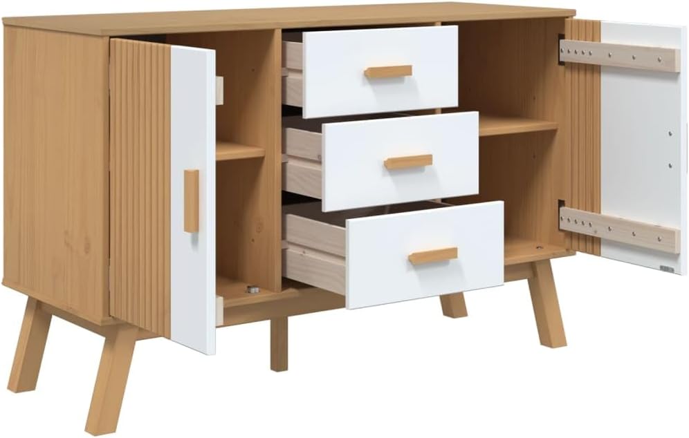 White and Brown Solid Pine Wood Sideboard with Multiple Drawers and Doors for Dining Room Living Room Hallway Storage Modern Scandinavian Design