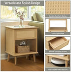 Ink+Ivy End Table with Handwoven Rattan Design, Night Stand with Storage Drawers and Shelves, Equipped with Charging Function and LED Light, Solid Wood Material, for Bedroom, Small Space
