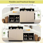 Modern Storage Cabinet with Shoe Bench, 2 Doors and 3-Tier Adjustable Shelves, Entryway Bench with 4 Open Shoe Racks and Removeble Cushion, Console Table with Wavy Slatted Door and Hooks (Beige+Black)