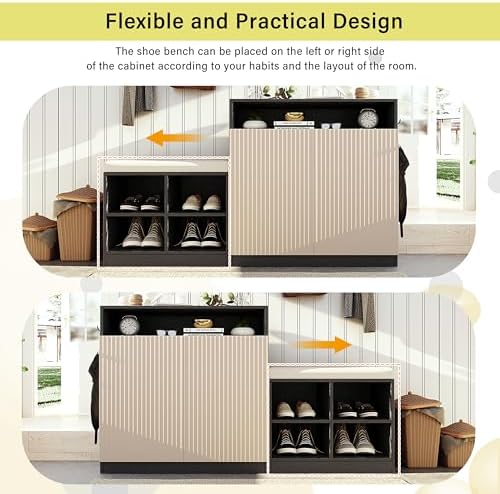 Modern Storage Cabinet with Shoe Bench, 2 Doors and 3-Tier Adjustable Shelves, Entryway Bench with 4 Open Shoe Racks and Removeble Cushion, Console Table with Wavy Slatted Door and Hooks (Beige+Black)