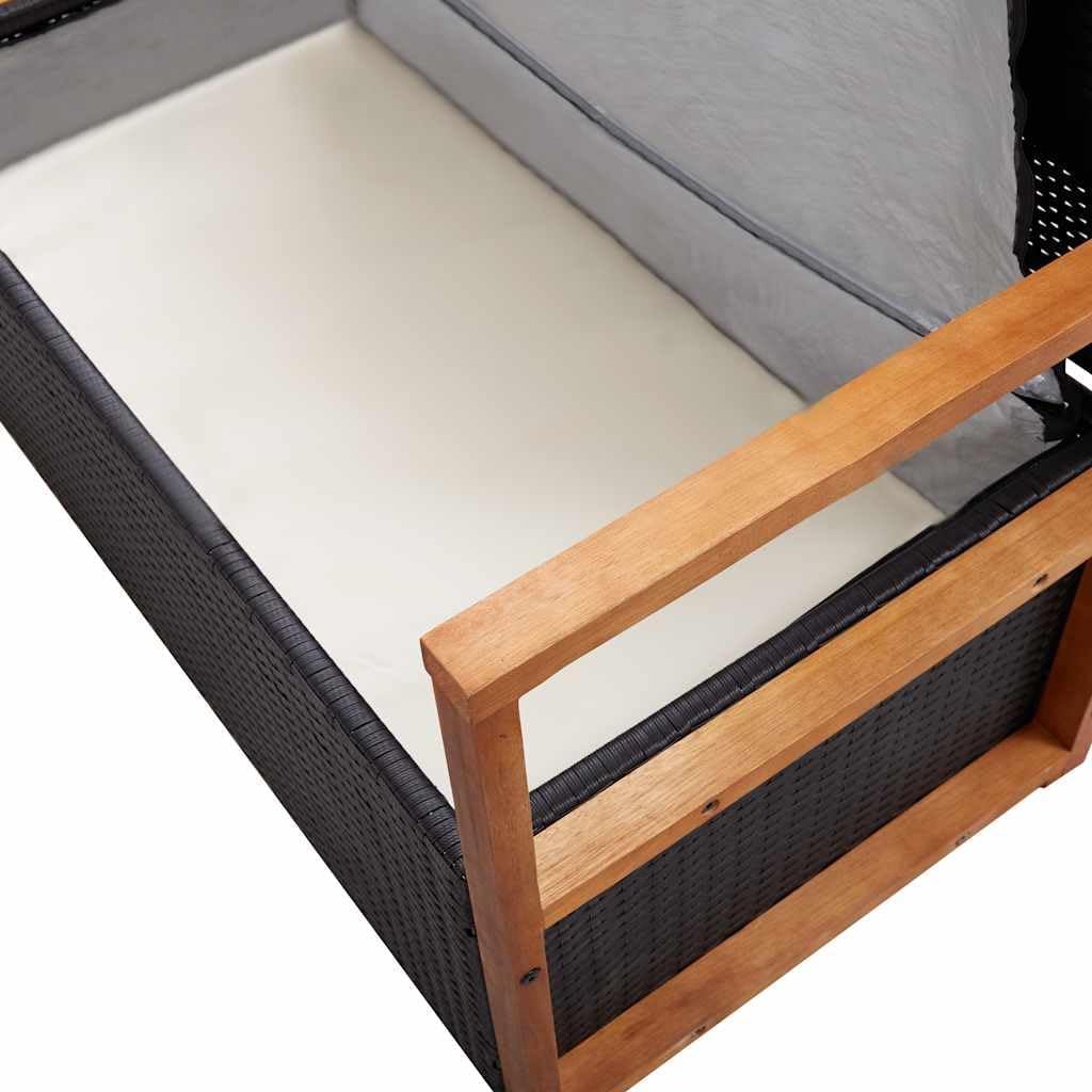 Outdoor Storage Bench with Solid Acacia Wood Accents and Comfortable Cushion, 45.3 inch Poly Rattan Garden Seating for Patio, Deck, and Backyard Organization