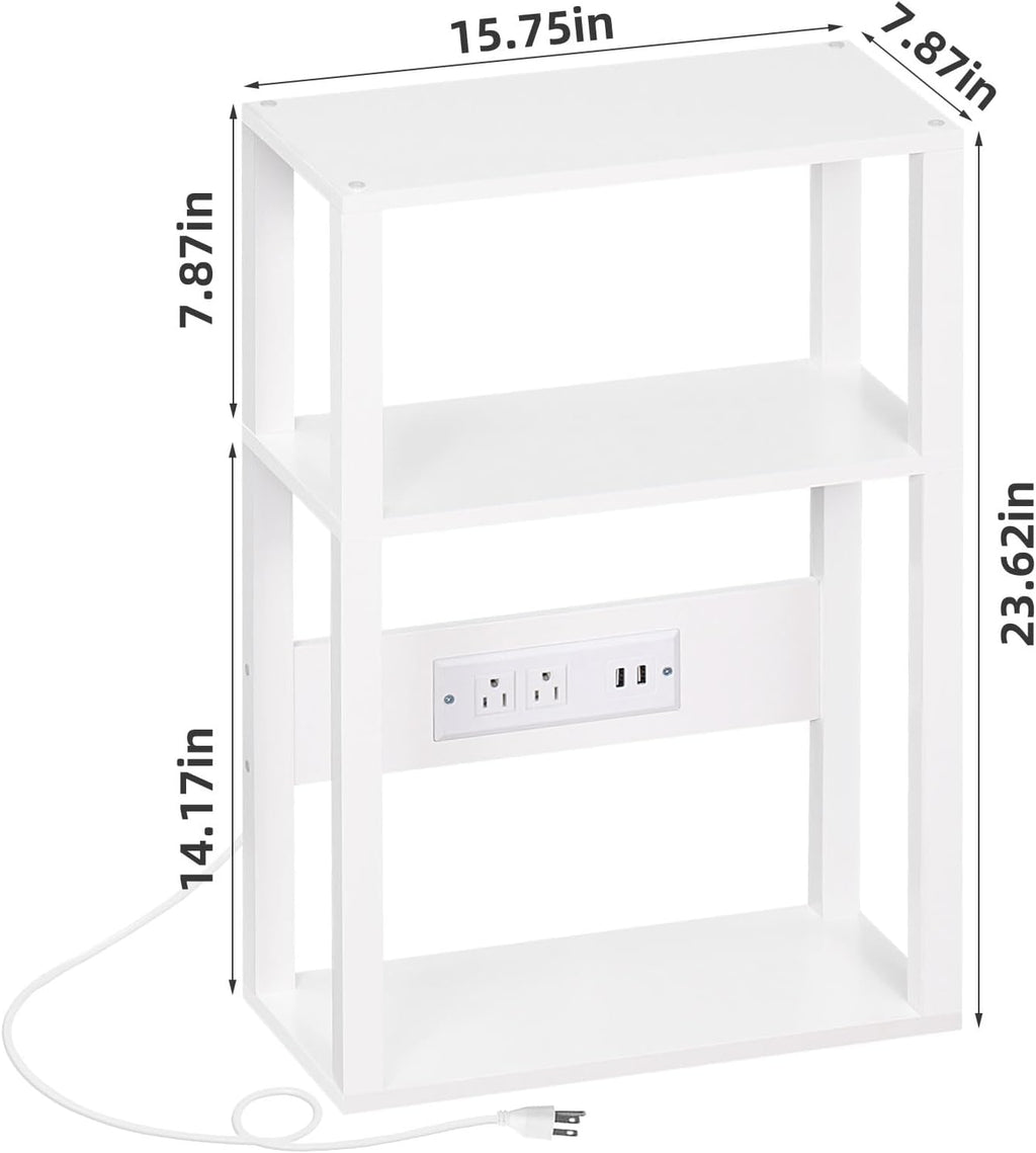 YUFAM 3-Tier Small Narrow Wood Side Table with Charging Station, Skinny Nightstand for Small Space, Slim Bedside Table with Storage for Couch, Thin End Table with USB Ports and Outlets, White
