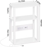 YUFAM 3-Tier Small Narrow Wood Side Table with Charging Station, Skinny Nightstand for Small Space, Slim Bedside Table with Storage for Couch, Thin End Table with USB Ports and Outlets, White
