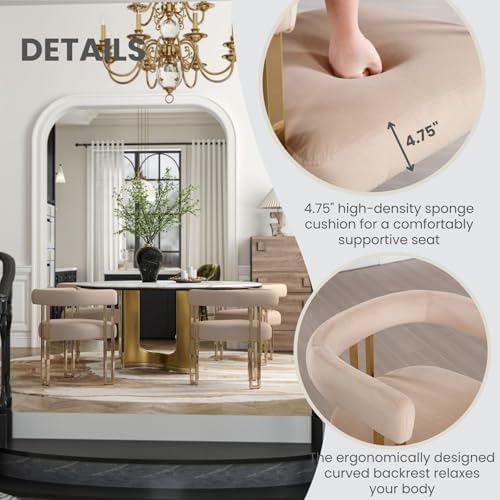 Khaki Velvet Barrel Dining Chairs Set of 2, Modern Upholstered Dining Room Chairs with Gold Metal Legs&Armrest, Boucle Dining Chair Kitchen Chair for Restaurant Banquet