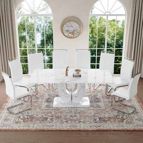 JUFU Modern 71" Faux Marble Dining Table for 6 to 8 People, Large Rectangular Kitchen Table with White Elegant U-Shaped Pedestal Base, Executive Furniture for Dining Room and Office