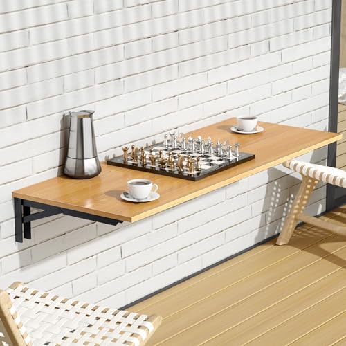 Need 47x20 Inch Wall Mounted Folding Table for Office Laundry Teak | Black Frame Fold Down Wall Mount Desk Folding Wall Table for Small Apartment, Garage&Ironing Station