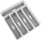 LeMuna Silverware Tray for Drawer, Plastic Cutlery Tray Kitchen Drawer Organizer, 5 Compartment Flatware Cutlery Organizer, Soft-Grip Lining and Non-Slip Rubber Feet