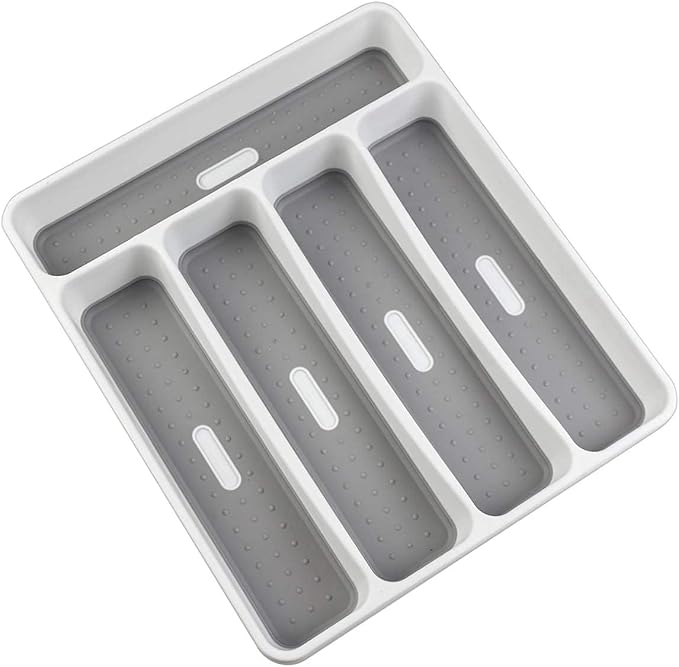 LeMuna Silverware Tray for Drawer, Plastic Cutlery Tray Kitchen Drawer Organizer, 5 Compartment Flatware Cutlery Organizer, Soft-Grip Lining and Non-Slip Rubber Feet