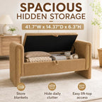 52" Upholstered Storage Bench, Brown, Armrests, Wood Frame | Mid-century storage ottoman bench, soft fabric, high-density foam. Perfect for end of bed, entryway, living room, bedroom.