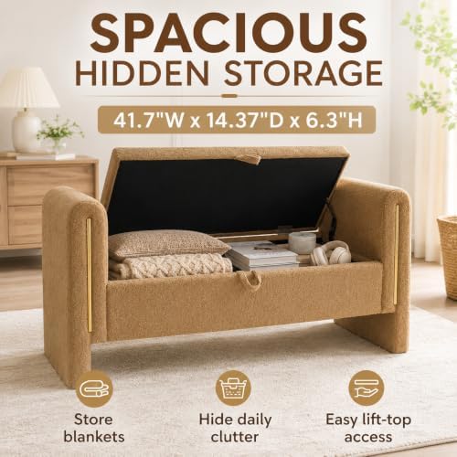 52" Upholstered Storage Bench, Brown, Armrests, Wood Frame | Mid-century storage ottoman bench, soft fabric, high-density foam. Perfect for end of bed, entryway, living room, bedroom.