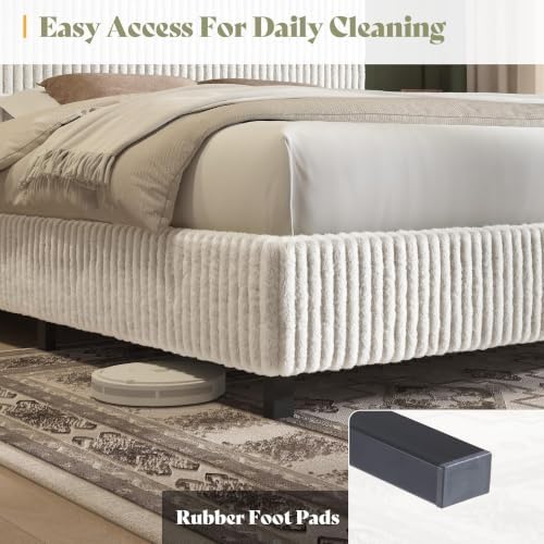 AMERLIFE King Bed Frame, Upholstered Metal Platform Bed, Cream
