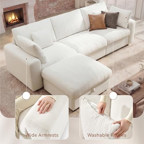 Ihanherry Cloud Sectional Couches for Living Room, 110" Large Modular Sectional Sofa with Wide Deep Seat, L Shaped Couch with Throw Pillow and Storage Ottoman, Beige