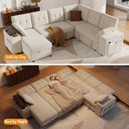 Vipbear 112" Modular Sectional Sleeper Sofa with Pull Out Bed, Chenille Modern 7 Seat L Shaped Couch with Reclining Backrest/LiftTop Storage Chaise Armrests/USB/LED Light/Tool-Free Assembly, Beige