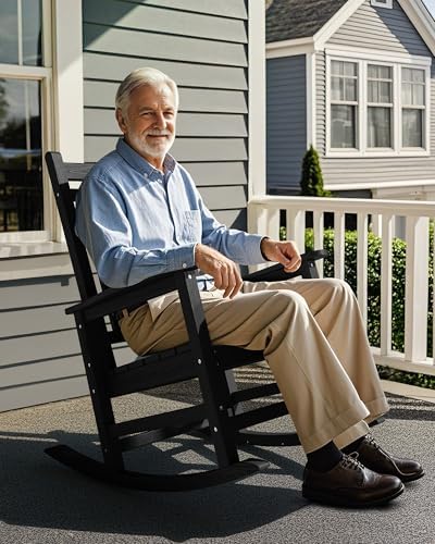 SERWALL Outdoor Rocking Chair Set of 4, HDPE Rocker for Adults, Black | 21.1" Widened Seat adds Extra Comfort, Oversized Rocking Chair for Adults, All Weather Porch Rocker for Lawn Garden
