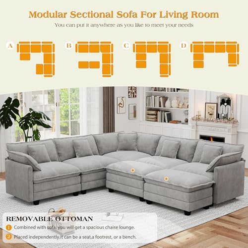 Hanherry Modular Sectional Sofa,Cloud Couch for Living Room,Modern Deep Seat Sofa Chenille Fabric Comfy Couches with Throw Pillows & Movable Ottoman for Apartment