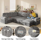 Modular Sectional Sleeper Sofa with Pull Out Bed, 108 Inch U Shaped 7 Seat Couches for Living Room, Chenille Fabric Cloud Couch Bed with Storage & Reclining Backrest, USB Charging, Grey