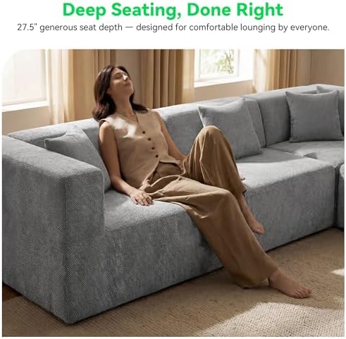 MONVANE U Shaped Sectional Couch Oversized, Chenille, Light Gray | 6-Seat Sectional Couch for Living Room, Modular Cloud Sofa with Ottoman & 6 Throw Pillows, No Assembly Required