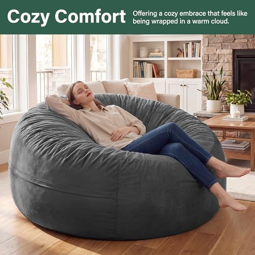fond + found Adults Bean Bag Chair 5FT Big BeanBag Chair Giant Oversized | Memory Foam,Washable Cover,Velvet Fabric,Side Pocket,Handle,Big Adults Bean Bag Reading Gaming Bedroom Living Room | Grey 5FT