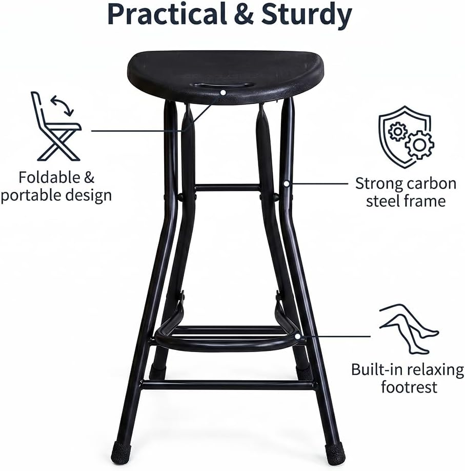 Black Adult Folding Stool with Handle and Foldable Pole Stool, 28 inch Folding Stool, Weighing 200 pounds, Foldable Heart-Shaped Folding Counter high Stool, Camping Kitchen Chair,