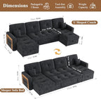 107'' LED U-Shaped Sectional Couch for Living Room, Sleeper Sofa Bed, Black | Comfy Chenille Cloud Couch, Pull Out Bed, Storage Chaise, 5-level Adjustable Backrest, USB Charging, 2 Pillow,1100LB Capacity