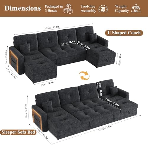107'' LED U-Shaped Sectional Couch for Living Room, Sleeper Sofa Bed, Black | Comfy Chenille Cloud Couch, Pull Out Bed, Storage Chaise, 5-level Adjustable Backrest, USB Charging, 2 Pillow,1100LB Capacity