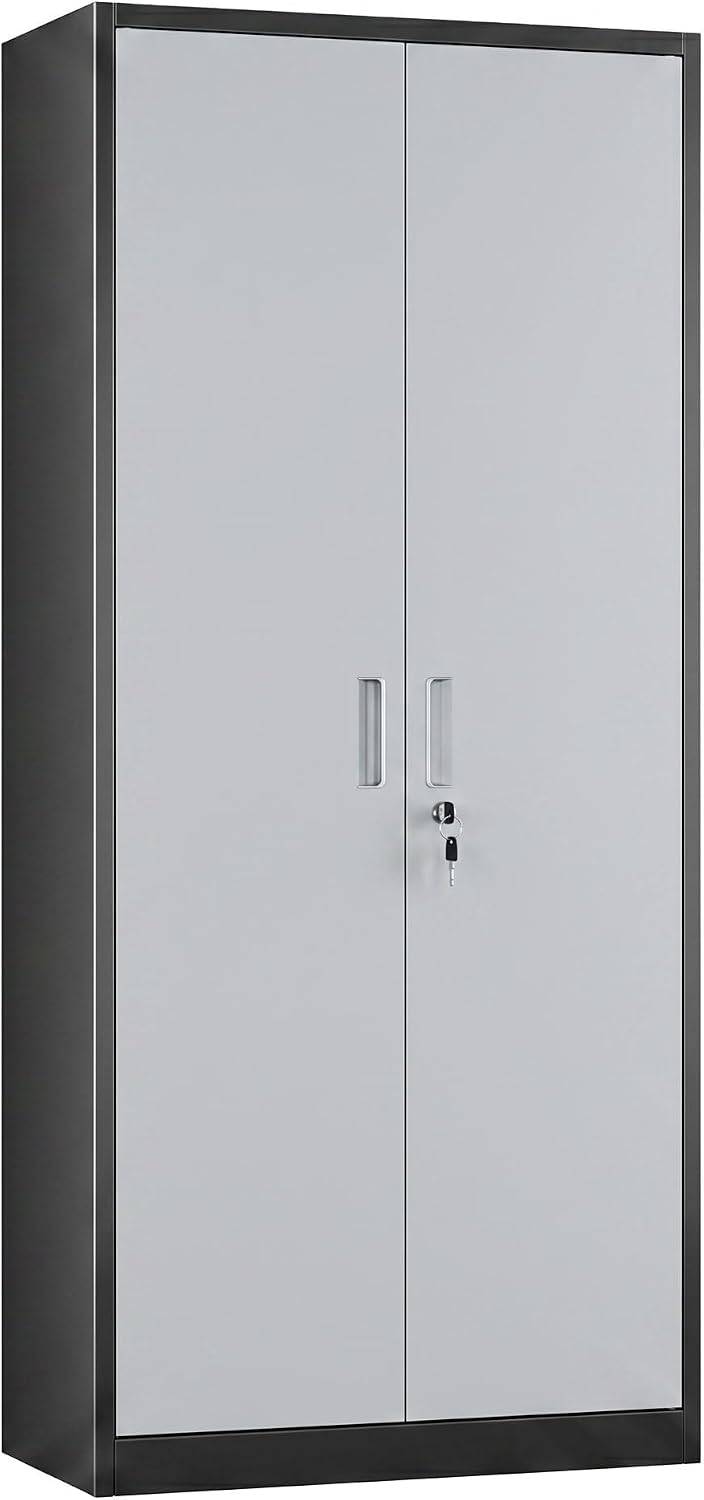 71-Inch Lockable Metal Storage Cabinet, Black and Gray | 15.75"D x 31.50"W x 70.87"H; 4 adjustable shelves; 120 lb per shelf; lock with 2 keys; assembly required.