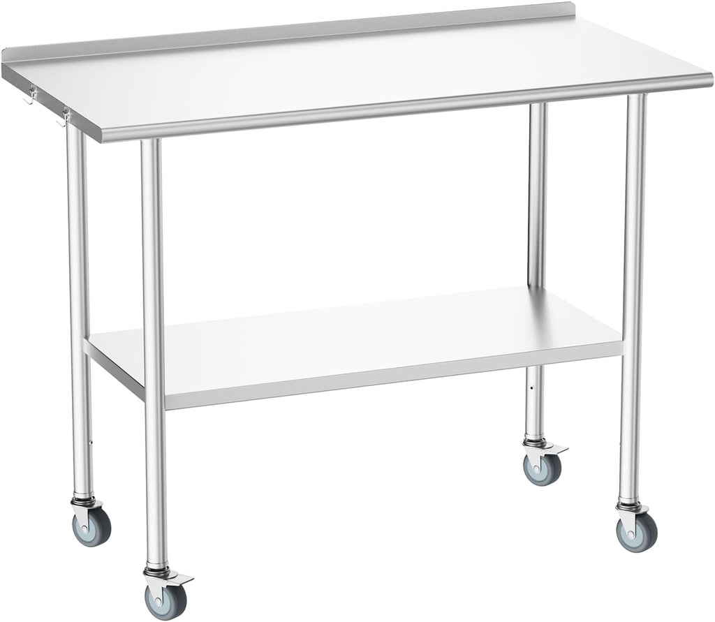 Atelicf NSF Stainless Steel Prep Table 24X48 inch, Backsplash & Casters | Mobile commercial-grade table for restaurants, kitchens, food trucks, breweries, bars, garages, and BBQ