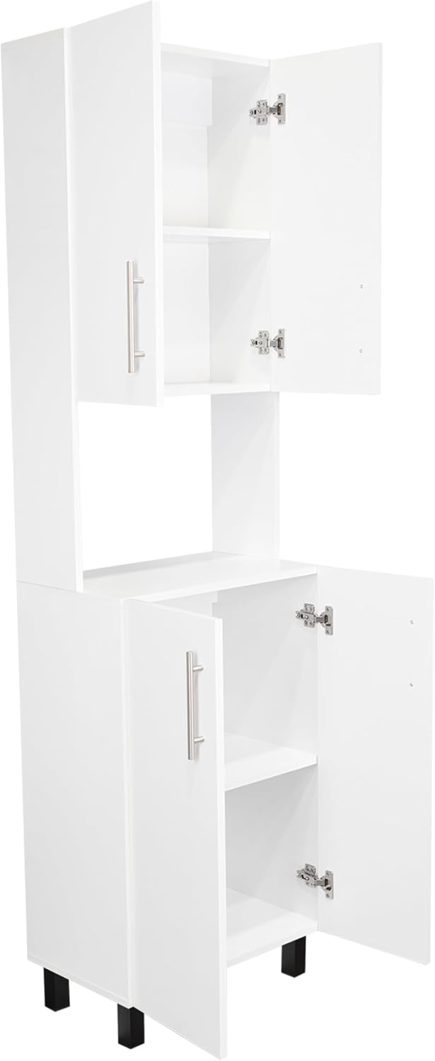 White Kitchen Storage Cabinet: Compact 76.8" Tall Double Door Pantry with Hutch & Shelves - Wood Frame Modern Design for Small Space Organization in Apartments & Homes
