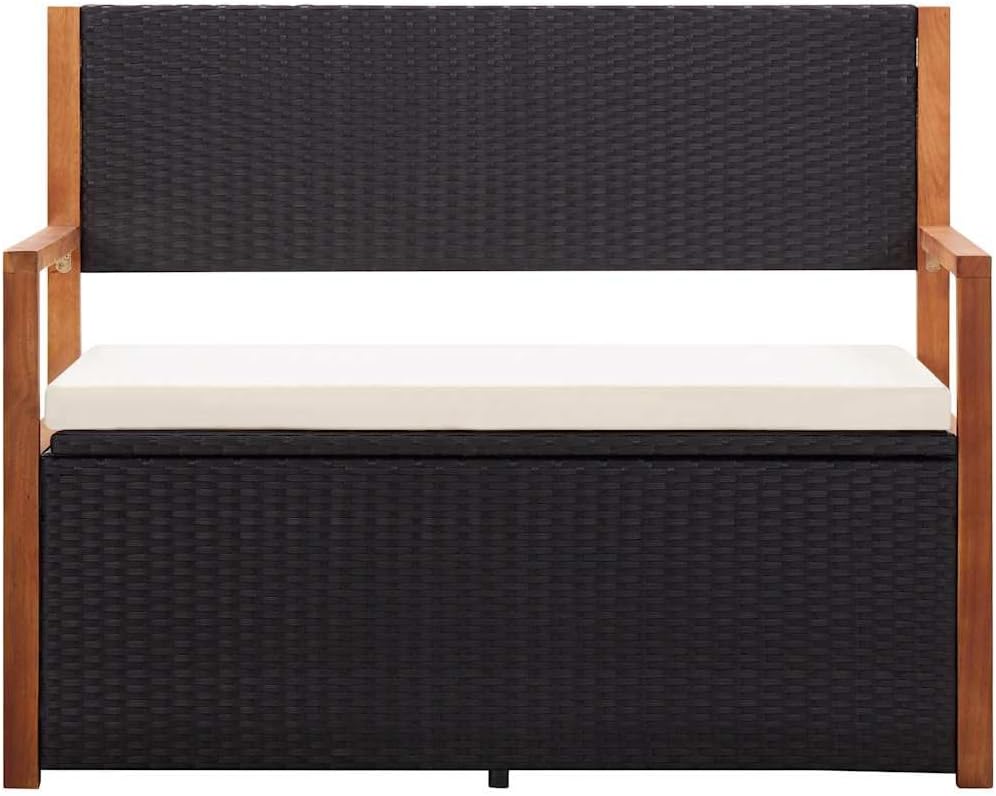 Poly Rattan Outdoor Storage Bench with Solid Acacia Wood Armrests and Backrest, Large Hidden Storage Space, Thick Removable Seat Cushion, Black
