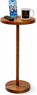 Drink Table for Small Spaces, 24” Tall Pedestal Side Table with Stable Base, Phone Holder & 2 Coasters, Natural Wood Accent End Table for Sofa, Bedside, Balcony or Living Room